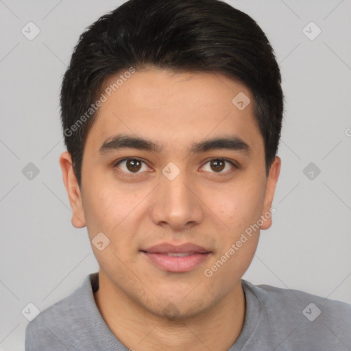 Joyful asian young-adult male with short  brown hair and brown eyes