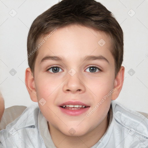 Joyful white child male with short  brown hair and brown eyes