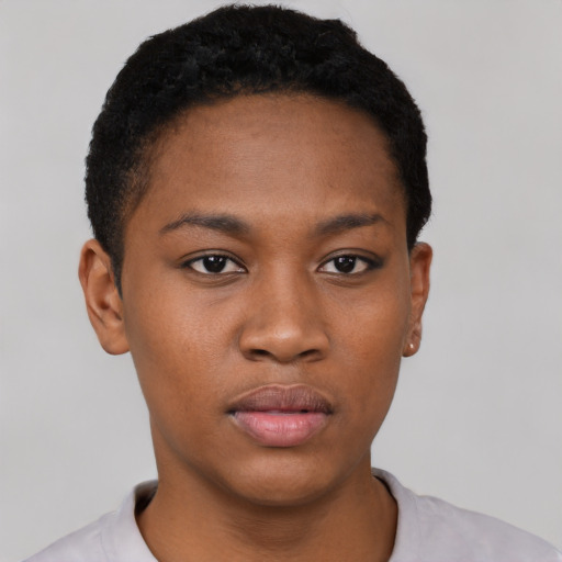 Neutral black young-adult female with short  brown hair and brown eyes