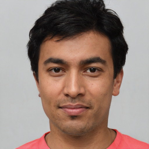 Neutral latino young-adult male with short  black hair and brown eyes