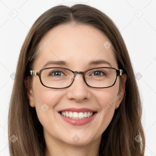 Joyful white young-adult female with long  brown hair and grey eyes