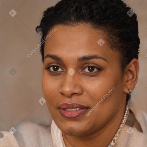 Joyful black young-adult female with short  brown hair and brown eyes