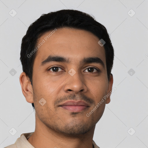 Neutral latino young-adult male with short  black hair and brown eyes