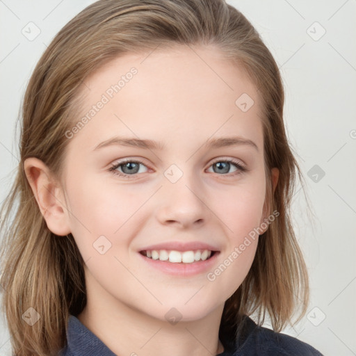 Joyful white child female with medium  brown hair and blue eyes