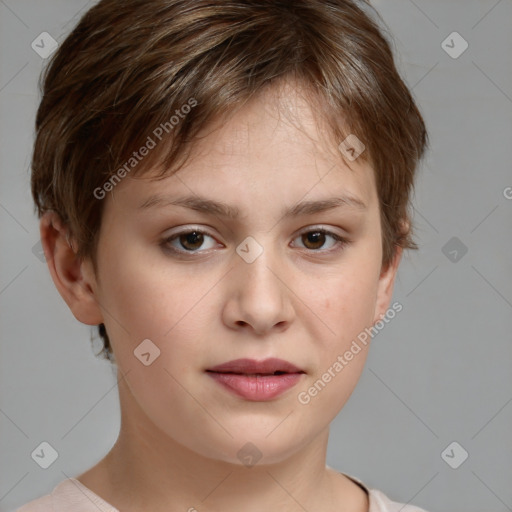 Neutral white young-adult female with short  brown hair and brown eyes