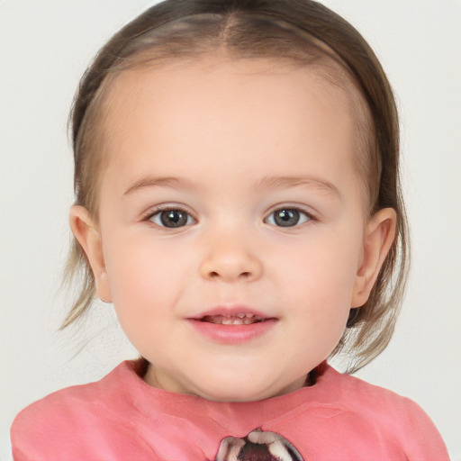 Joyful white child female with medium  brown hair and blue eyes