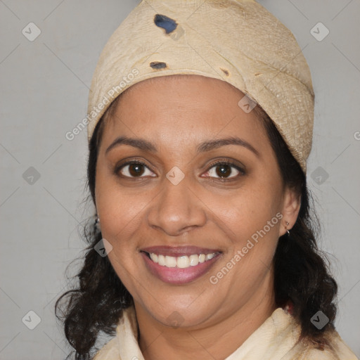 Joyful black young-adult female with medium  black hair and brown eyes