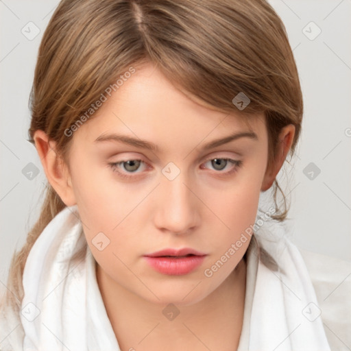 Neutral white young-adult female with medium  brown hair and grey eyes