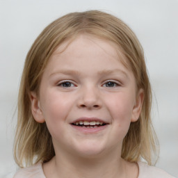 Joyful white child female with medium  brown hair and blue eyes