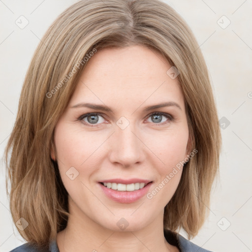 Joyful white young-adult female with medium  brown hair and blue eyes