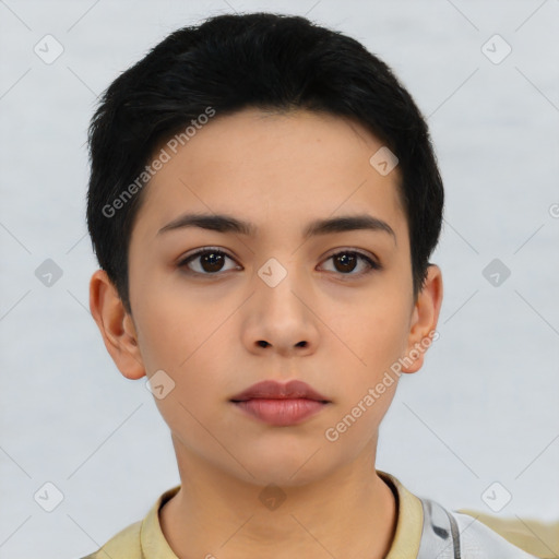 Neutral asian young-adult female with short  black hair and brown eyes