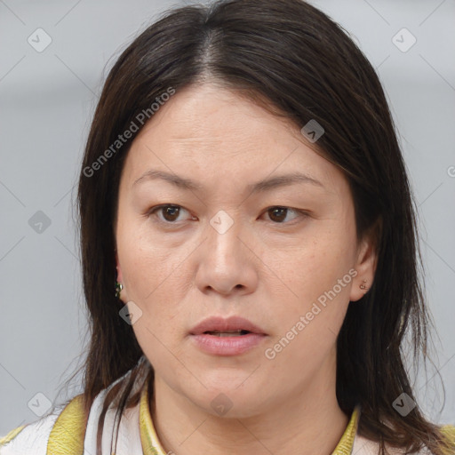 Neutral white adult female with medium  brown hair and brown eyes