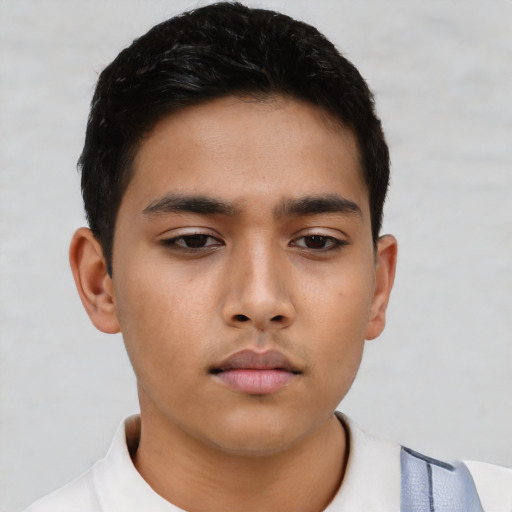 Neutral asian young-adult male with short  black hair and brown eyes