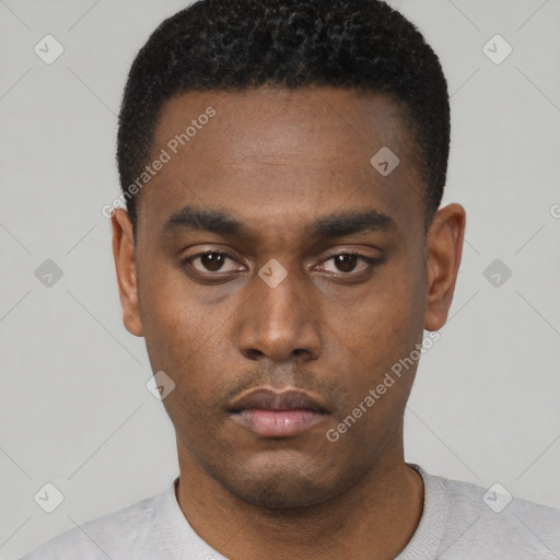 Neutral black young-adult male with short  black hair and brown eyes