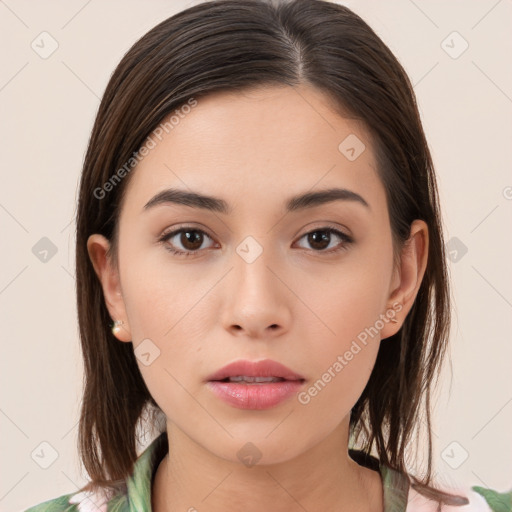 Neutral white young-adult female with medium  brown hair and brown eyes