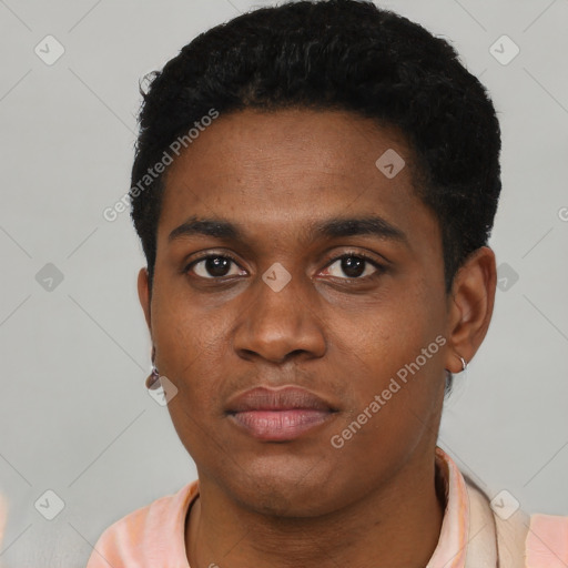 Neutral black young-adult male with short  black hair and brown eyes