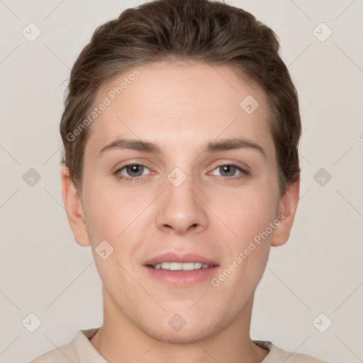 Joyful white young-adult female with short  brown hair and brown eyes