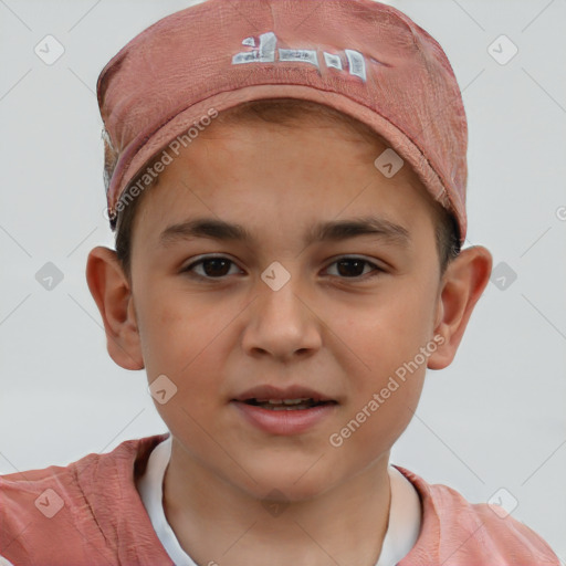 Joyful white child female with short  brown hair and brown eyes