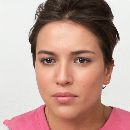 Neutral white young-adult female with short  brown hair and brown eyes