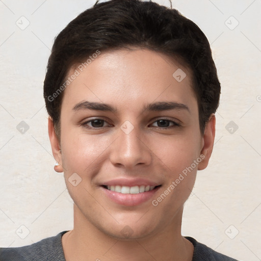 Joyful white young-adult female with short  brown hair and brown eyes