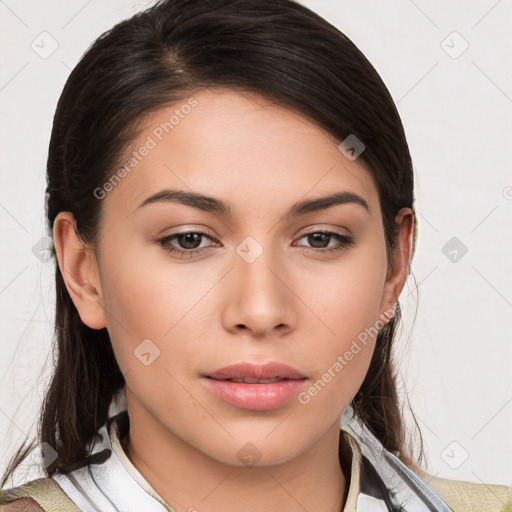 Neutral white young-adult female with medium  brown hair and brown eyes