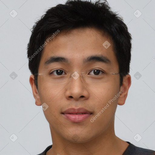 Neutral asian young-adult male with short  brown hair and brown eyes