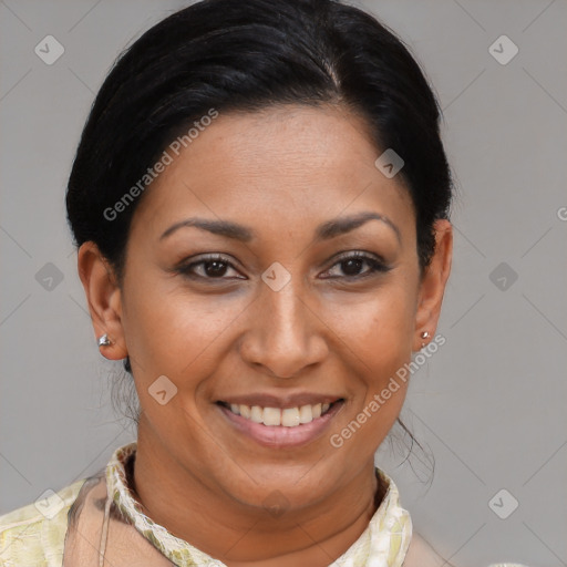 Joyful latino young-adult female with short  brown hair and brown eyes