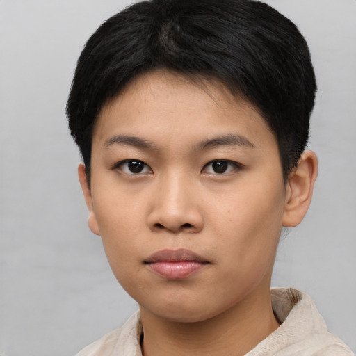 Neutral asian young-adult female with short  black hair and brown eyes