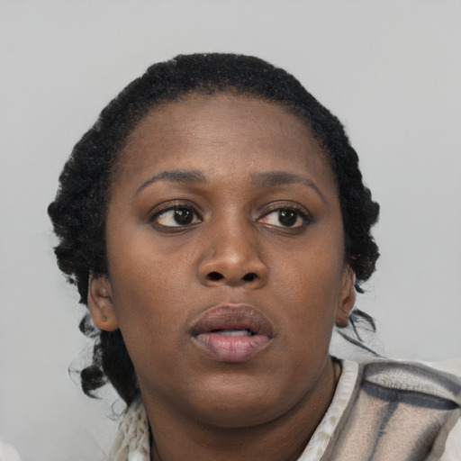 Neutral black young-adult female with short  brown hair and brown eyes