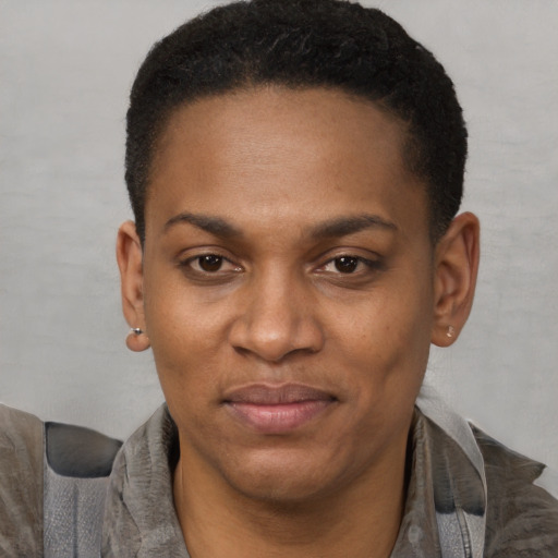 Joyful black young-adult female with short  black hair and brown eyes