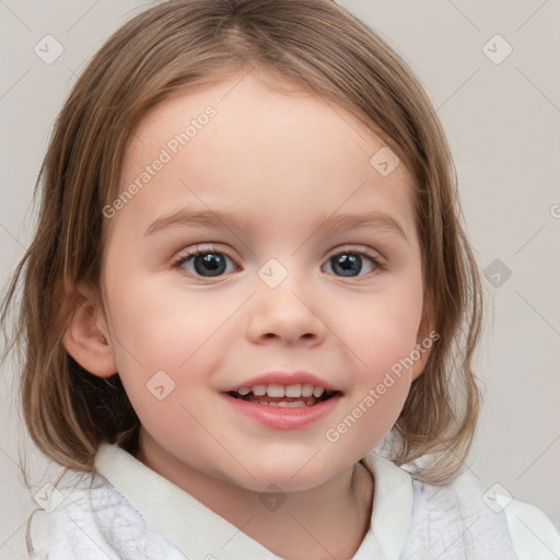 Joyful white child female with medium  brown hair and blue eyes