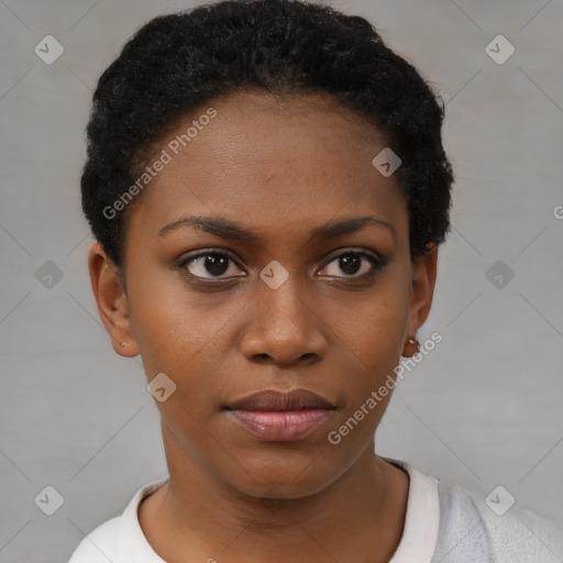 Neutral black young-adult female with short  black hair and brown eyes