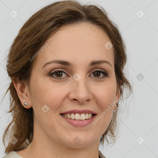 Joyful white young-adult female with medium  brown hair and green eyes