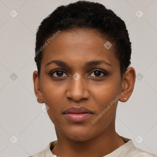 Joyful black young-adult female with short  brown hair and brown eyes