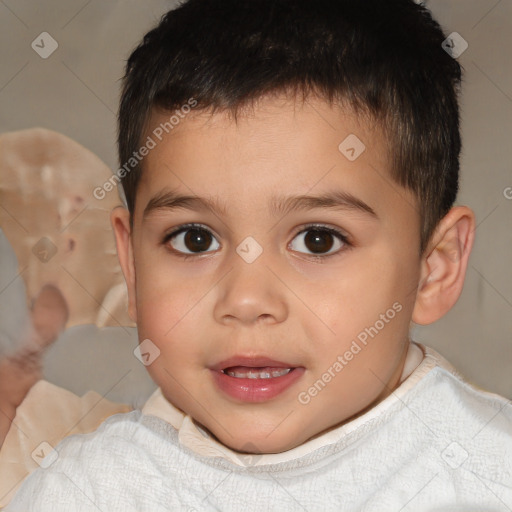 Joyful white child male with short  brown hair and brown eyes