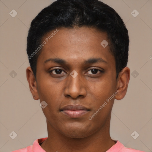 Neutral latino young-adult male with short  black hair and brown eyes