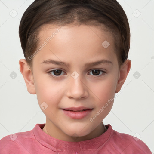 Joyful white child female with short  brown hair and brown eyes