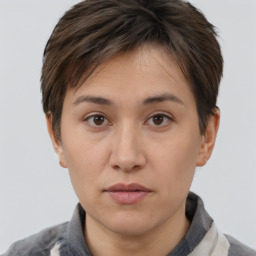 Neutral white young-adult female with short  brown hair and brown eyes