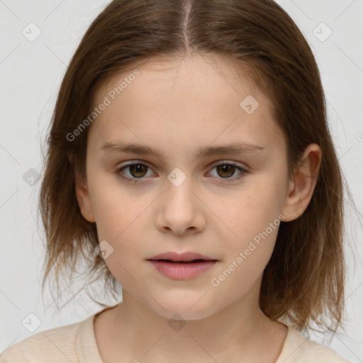 Joyful white child female with medium  brown hair and brown eyes