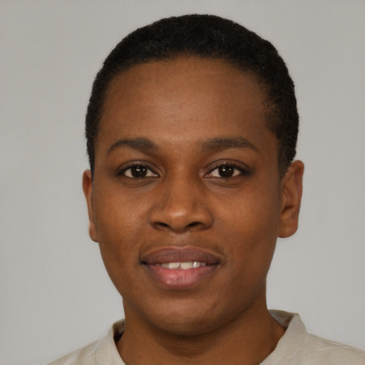 Joyful black young-adult male with short  black hair and brown eyes