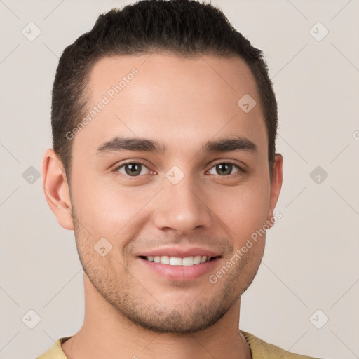 Joyful white young-adult male with short  brown hair and brown eyes