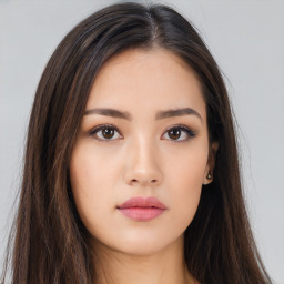 Neutral asian young-adult female with long  brown hair and brown eyes