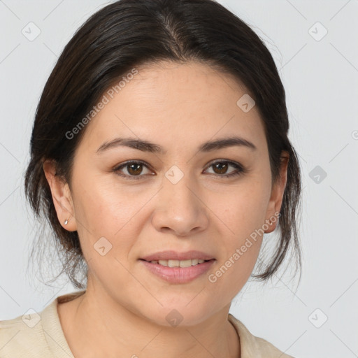 Joyful white young-adult female with medium  brown hair and brown eyes