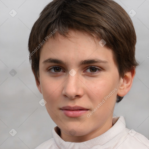 Neutral white young-adult female with short  brown hair and brown eyes