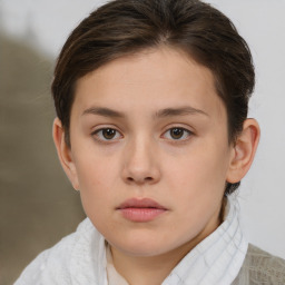 Neutral white young-adult female with short  brown hair and brown eyes