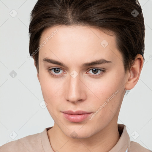 Neutral white young-adult female with short  brown hair and brown eyes