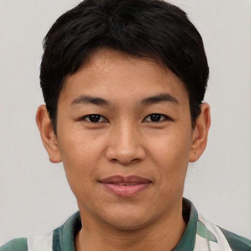 Joyful asian young-adult male with short  brown hair and brown eyes