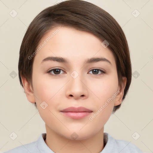 Neutral white young-adult female with medium  brown hair and brown eyes