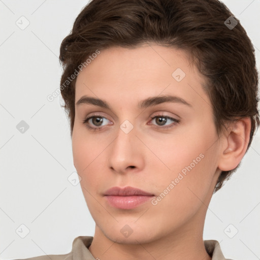 Neutral white young-adult female with short  brown hair and brown eyes