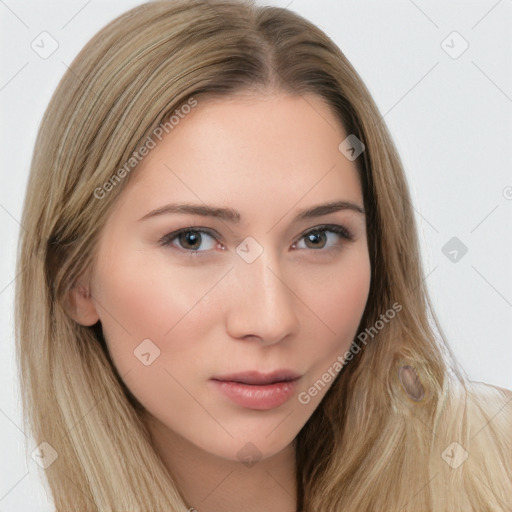 Neutral white young-adult female with long  brown hair and brown eyes